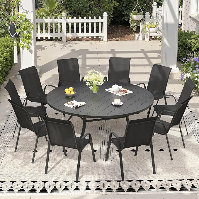 11 Pieces Outdoor Dining Set, 63" Round Table with Umbrella Hole & Stackable Patio Dining Chairs, Patio Table and Chairs Set for Deck Garden Porch, Black Chairs & Black Table