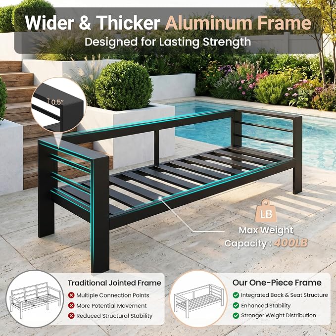 Solaste Patio Furniture Metal Armchair, 2 PCS All-Weather Aluminum Garden Outdoor Contemporary Sofa Chair with Cushions, Blue