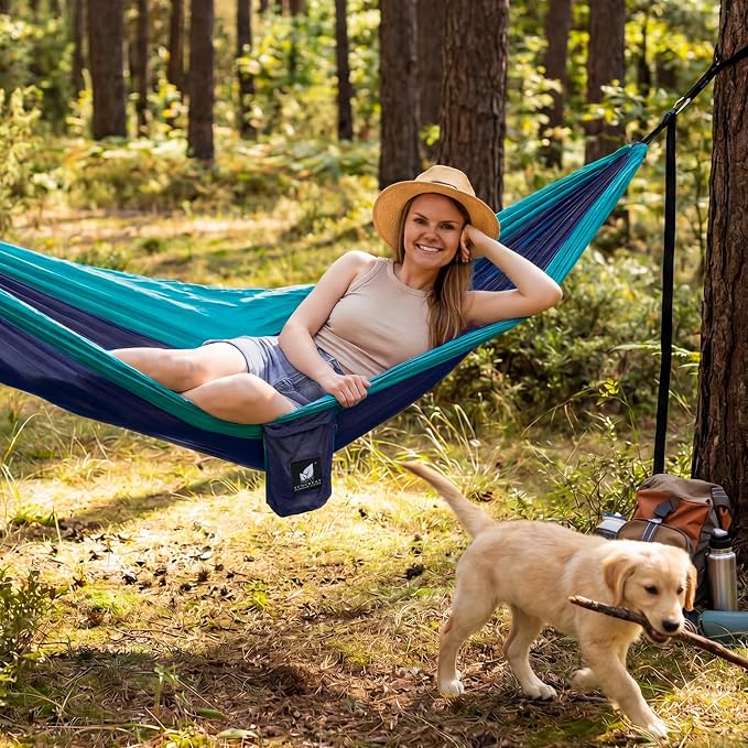 SUNCREAT Camping Hammock, Portable Hammocks with Tree Straps & Carrying Bag, Camping Essentials Gear, Dark Blue