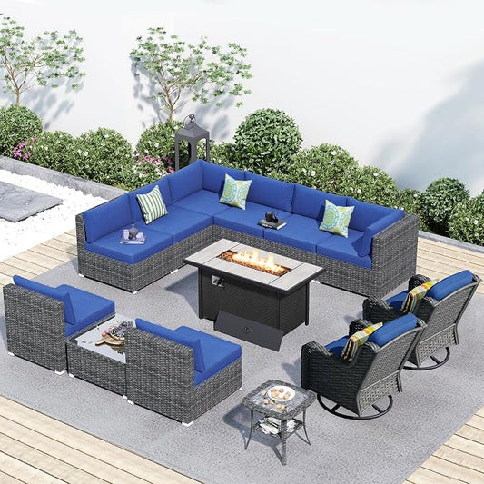 HOOOWOOO Outdoor Patio Furniture with Fire Pit Set 13 Pieces Patio Set with Fire Pit Wicker Outdoor Furniture with Fire Pit Table Set Patio Sectional Set with Swivel Chairs,Navy Blue