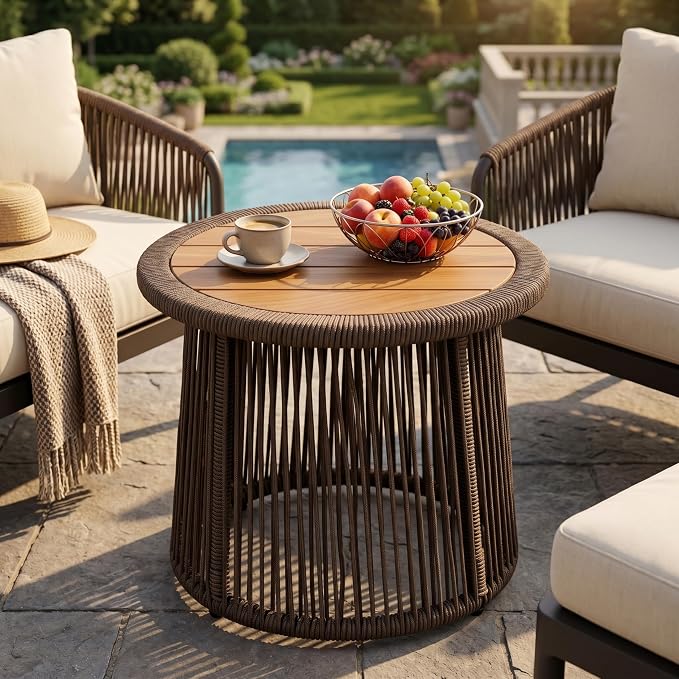 Conical Dark Beige Rope Side Table, Teak Finish Acacia Wood Top, 150 lbs Capacity, No Assembly Required, Modern Open-Weave Round Accent Table for Patio Backyard Living Room