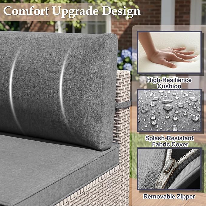Patio Furniture Set, 8-Piece Outdoor Sectional Sofa with 60,000 BTU Fire Pit Table & 2-Layer Glass Coffee Table, Wicker Patio Conversation Set with Gray Cushions