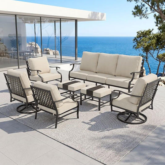 MIXPATIO Patio Furniture Set 7 pcs, Outdoor Patio Furniture, 3-Seat Sofa, 2 Single Chairs, 2 Swivel Chairs, 2 Ottomans and 5.75" Extra Thick Cushion, Patio Conversation Set for Backyard Deck,Beige