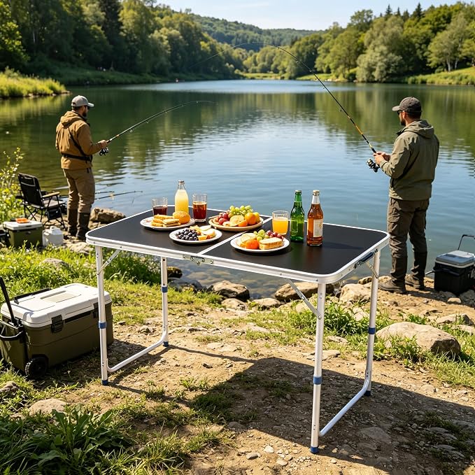3 Feet Small Folding Table with Adjustable Height, Lightweight Portable Utility Table for Travel Picnic BBQ Fishing RV Car Tailgate Camping Beach Outdoor Essentials, MDF Tabletop, Black