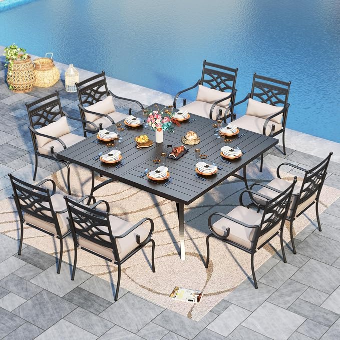 Sophia & William Patio Dining Set, Steel, Black | Umbrella Hole, Swivel Chairs, E-Coated, Cushions Included, For Patio, Garden and Yard