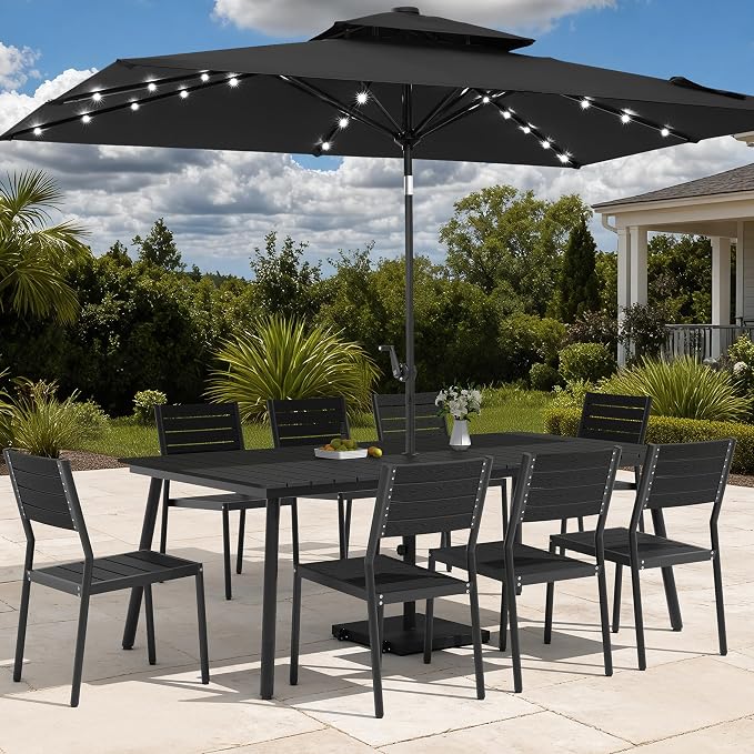 9-Piece Outdoor Dining Set for 8 Person with Black Wood-Grain Top | Armless Stackable Chairs with 19.4" Seat Depth, Aluminum Frame Dining Furniture with Umbrella Hole for Deck, Porch & Backyard