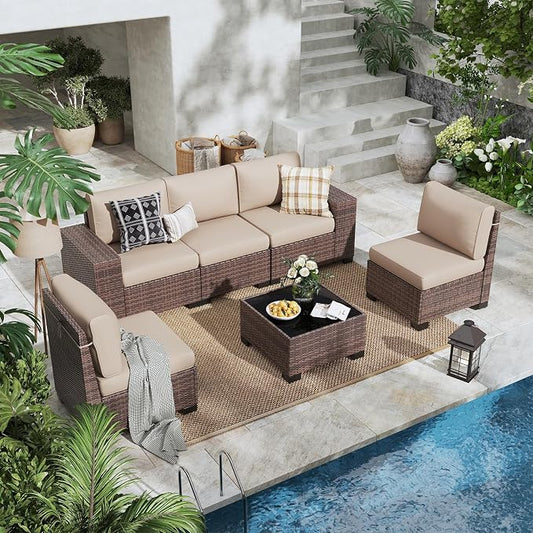 6 Pieces Outdoor Patio Furniture Set with Table Brown Rattan Sectional Sofa Conversation Sets for Balcony Lawn and Garden (Beige, 6 pcs w/Table)