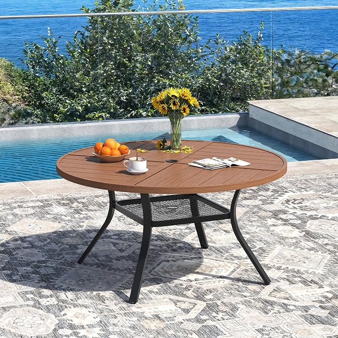 DIFY 7 Piece Outdoor Dining Set for 6, 47.2" Walnut Round Metal Dining Table with Umbrella Hole and Stackable Wicker Patio Chairs, All-Weather Patio Table and Chairs Set for Deck Garden Backyard