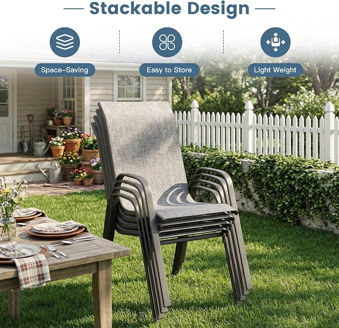 DIFY 11 Piece Outdoor Dining Set, 63" Grey Wood-Like Round Metal Dining Table and Grey Textilene Stackable Patio Chairs, Patio Table and Chairs Set for 10 with Umbrella Hole for Backyard Garden Deck