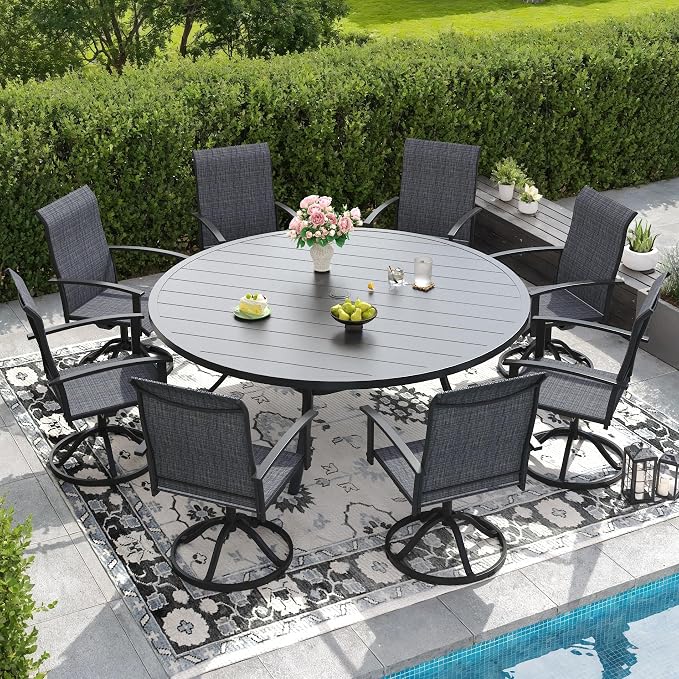 DIFY 9 Pieces Outdoor Dining Set for 8, 63" Black Round Metal Table with Umbrella Hole and Dark Grey Textilene Swivel Patio Chairs, Patio Table and Chairs Set for Garden, Backyard, Poolside