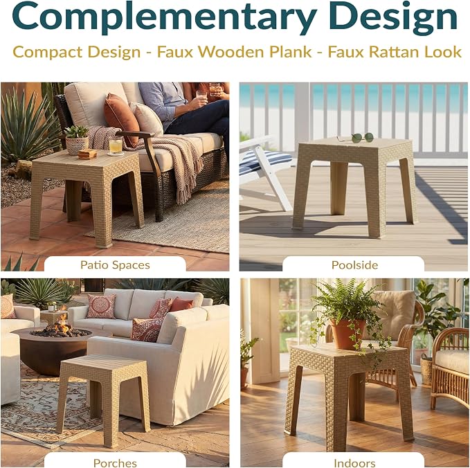 Sunnydaze Adirondack Small Outdoor Side Table for Balcony Essentials - Plastic Square End Table for Outside Patio - Set of 2 - Beige