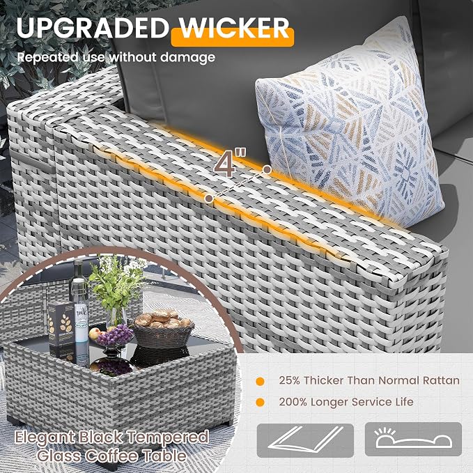 UDPATIO Patio Furniture Set with Fire Pit Table, 8 Pcs Outdoor Sectional Sofa, PE Wicker Patio Conversation Set for Garden, Backyard (Grey Cushions with Grey Rattan)