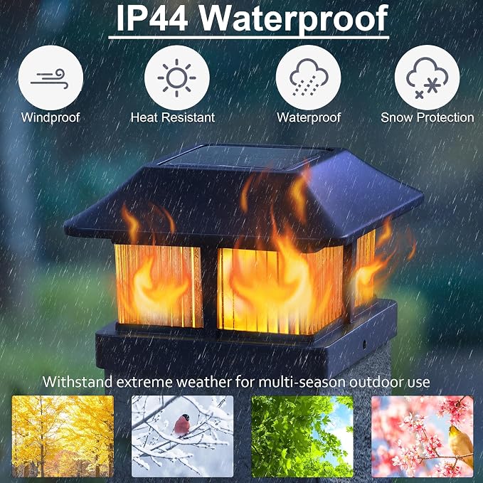 Dynaming Solar Flame Post Cap Lights Outdoor, Solar Powered Fence Post Light, Flickering Flame LED Lantern Lamps Waterproof for Garden Deck Patio, Fit 4x4 Wooden/Vinyl Posts, 2 Pack