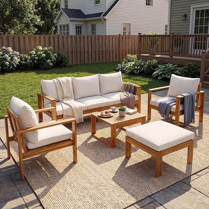 Virubi 5pcs Acacia Patio Sectional Sofa Set, Transitional Style Patio Conversation Set with 3-Seater, 2 Chairs, Coffee Table & Ottoman, Water-Repellent Cushions