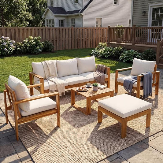 Virubi 5pcs Acacia Patio Sectional Sofa Set, Transitional Style Patio Conversation Set with 3-Seater, 2 Chairs, Coffee Table & Ottoman, Water-Repellent Cushions