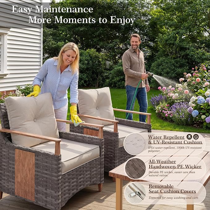 Nestnook 5 Pieces Patio Furniture Set, Outdoor Conversation Set with All-Weather Handwoven PE Wicker Sofa, Rattan Chairs and Thick Cushion, Loveseat & Coffee Table for Backyard, Deck & Poolside, Beige