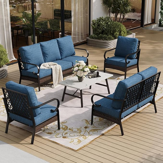 SUNSHINE VALLEY 5 Piece Metal Outdoor Patio Furniture Set, Patio Conversation Sets 3-Seater Sofa, 2-Seater Sofa, 2 Fixed Chair with 5.75" Thick Cushion & Coffee Table Black Backyard Furniture, Blue-2