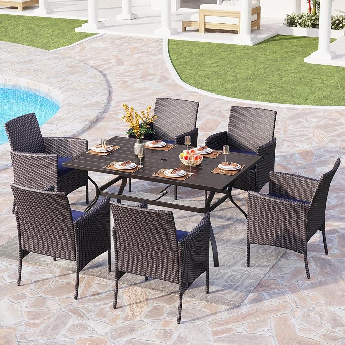 PHI VILLA 7 Piece Patio Dining Set, 60” Rectangular Table, Rattan Chairs | Outdoor Dining Set for 6, Metal Dining Table with Umbrella Hole, Wicker Chairs with Cushions for Patio, Deck, Porch