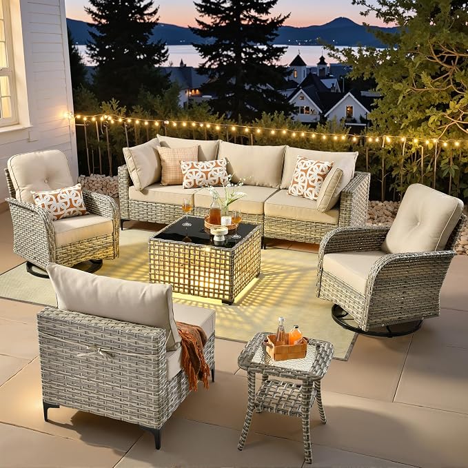 8 Pieces Wicker Patio Furniture Set,Outdoor Sectional Sofa with Swivel Chairs Coffee Table,Outside Deep Seat Rattan Couch Conversation Set,Beige