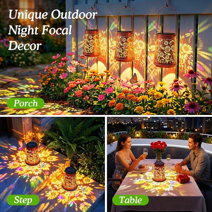 Sunflower Solar Lanterns Outdoor Waterproof Solar Lights | Sunflowers & Dragonfly, Metal Hanging Lantern for Patio, Pathway, Yard, Garden Decor Gifts for Mom Women & Grandma 1 Pack