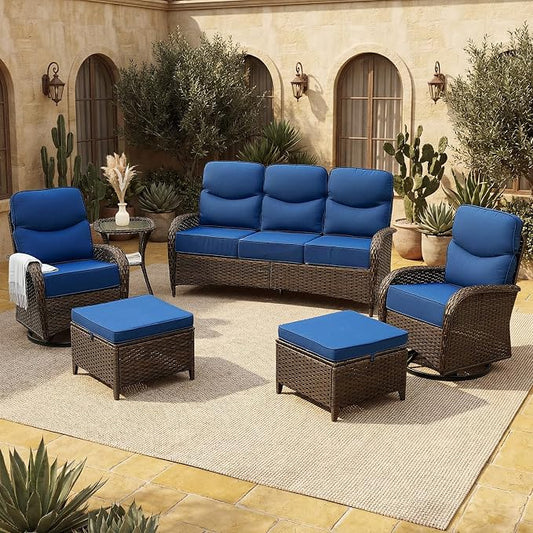 Patio Furniture Set with Luxury 6" Cushions, 6 Pcs Swivel Rocking Patio High Back Chairs and Couch, Outdoor Wicker Conversation Set for Deck, Porch, Backyard, Poolside, Blue