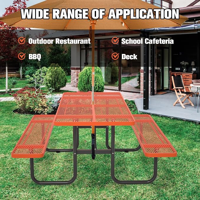 72'' Rectangular Steel Picnic Table for Outdoors,Commercial Metal Picnic Table with Umbrella Hole,Heavy Duty Sturdy Picnic Tables Furniture Set for Patio Garden Courtyard BBQ,Orange