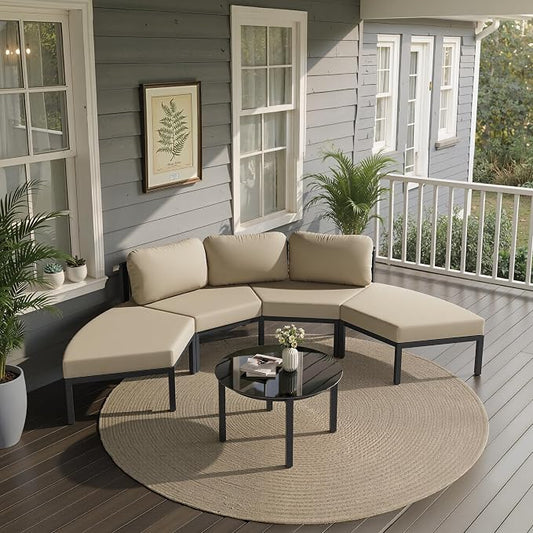 Crestlive Curved Patio Furniture Set, Modular Half Moon 4-Seater Sofa with Round Coffee Table, Aluminum Outdoor Sectional with 4.3" Cushions, All-Weather Couch for Backyard, Deck, Porch, Poolside
