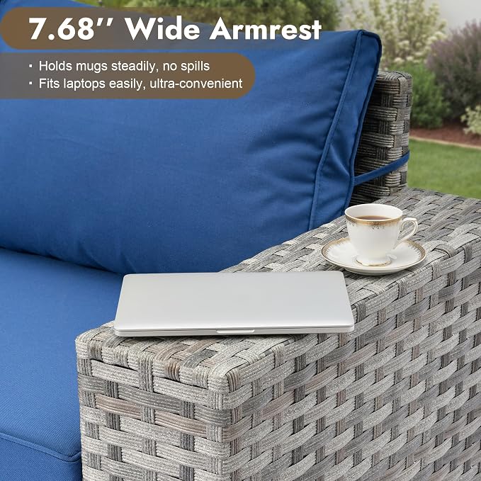 10 Pieces Outdoor Patio Sectional, Wicker Patio Furniture Set with 42 inch Fire Pit Table, All-Weather L Shaped Patio Conversation Set with Swivel Chairs, for Backyard Porch Yard,Navy Blue