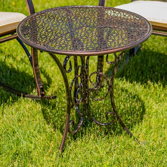 Zaer Ltd. Set of 3, Tsugo Collection, 2 Outdoor Metal Rocking Armchairs with a Round Side Table, Bronze Distressed Finish (Set of 3 (2 Chairs & 1 Table))