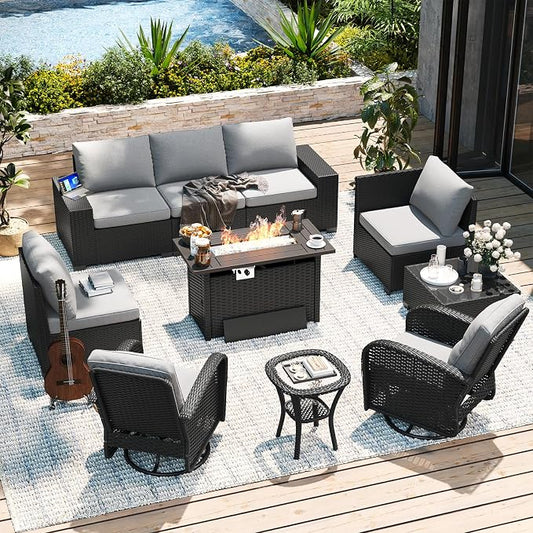 Aoxun 10-Piece Patio Furniture Set with 44” Fire Pit Table, Widen Armrests Wicker Rattan Outdoor Sectional Sofa with Swivel Chairs, Outdoor Patio Furniture Set with Thick Cushions & Ottoman, Grey