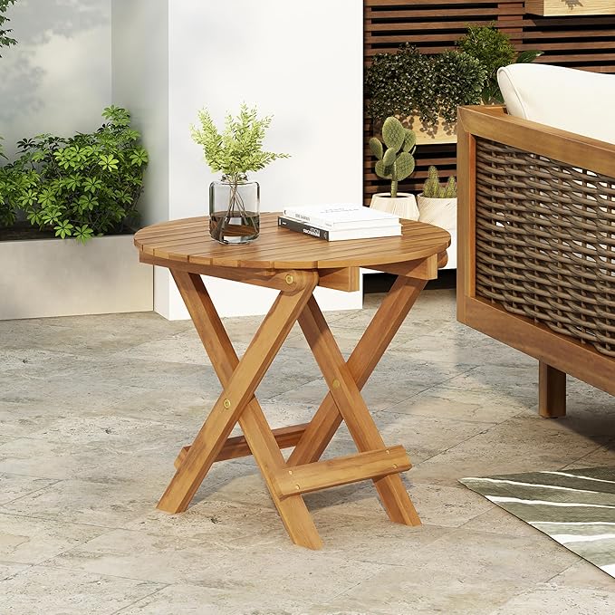 Foldable Acacia Wood Side Table, Teak Finish