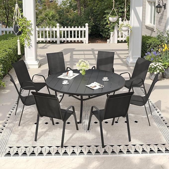 9 Pieces Outdoor Dining Set, 53" Round Table with Umbrella Hole & Stackable Patio Dining Chairs, Patio Table and Chairs Set for Deck Garden Porch, Black Chairs & Black Table