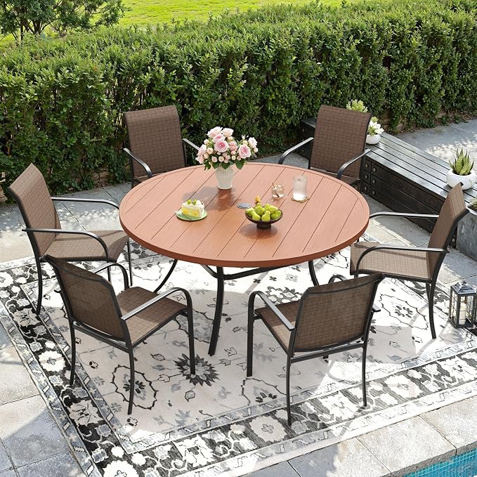 DIFY Patio Dining Set for 6, 7 Piece Outdoor Table and Chairs Set, 50" Walnut Round Metal Patio Dining Table and 6 Brown Textilene Stackable Patio Chairs, for Backyard Garden Poolside