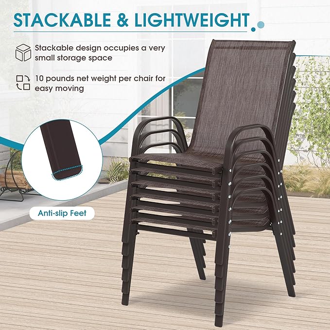 24.4" Wide Outdoor Stackable Chairs Set of 6, Stacking Patio Chairs with Textilene Fabric, Outside Furniture for Garden Backyard Balconie Poolside Deck, Brown