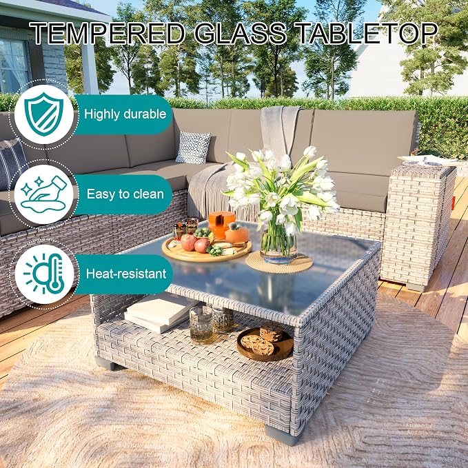 6-Piece Patio Furniture Set, Outdoor Extra Wide Armrest Modular Patio Sofa, Dual-Strand Rattan Wicker, Rust-Resistant Frame, Backyard High Back, Large Seat Furniture for Porch Garden Balcony, Khaki