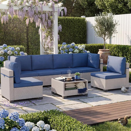 Patio Furniture Set, 7-Piece Outdoor Sectional Sofa with 2-Layer Glass Coffee Table, Wicker Patio Conversation Set with Blue Cushions for Backyard, Poolside, Porch