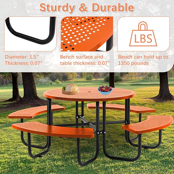 46" Coated Round Metal Picnic Table for 4-8 Person, Durable Heavy Duty Commercial Picnic Table with Umbrella Hole for Outdoor Coffee Shop, School, Easy to Install, Orange