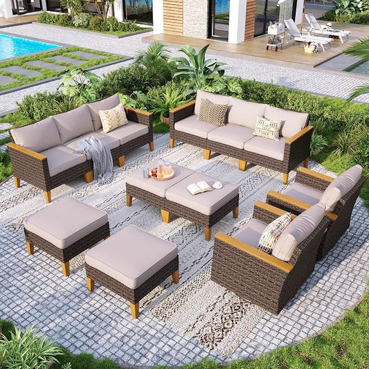 GREEN PARTY 12 Pieces Wicker Patio Furniture Set, All-Weather Outdoor Rattan Patio Sectional Sofa Conversation Set 12 Seats with 4" Thick Cushions for Garden, Backyard, 2 x Swivel Chairs