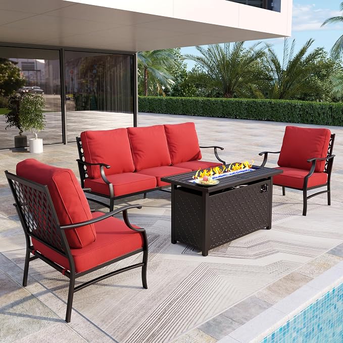 MIXPATIO Patio Furniture Set, 4 Pcs Metal Outdoor Conversation Set, 2 Single Chairs and 3 Seater Sofa with 5.75" Extra Thick Cushion and Gas Fire Pit Table for Backyard Deck, Red