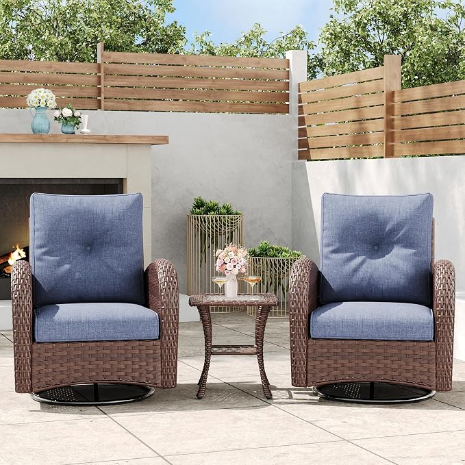 3 Pieces Outdoor Wicker Patio Swivel Rocking Chairs, All Weather Wicker Conversation Set with Side Table