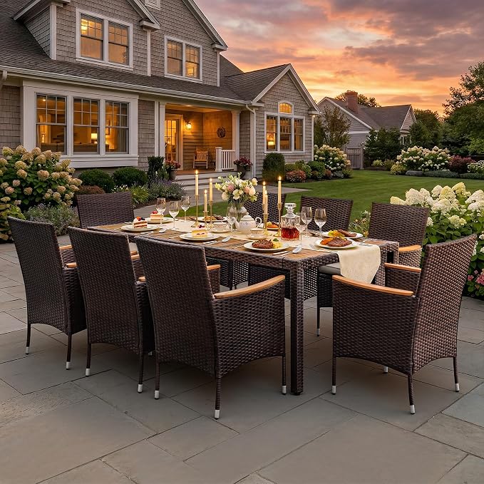Greesum 9 Pieces Outdoor Patio Dining Set, Conversation Sets with 1 Table and 8 Rattan Chairs with Curved Acacia Wooden Armrests and Cushions, Brown
