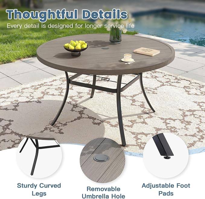 DIFY 7 Pieces Outdoor Dining Set for 6, Outdoor Furniture Set of 6 Sandshell Textilene Swivel Patio Chairs, 50" Grey Wood-Like Round Metal Dining Table Set with Umbrella Hole, for Garden Deck Backyard