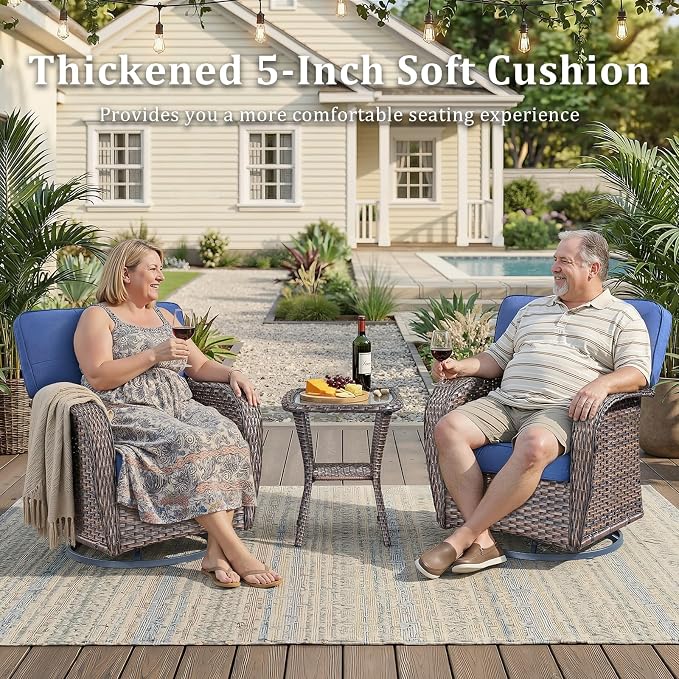 2-Piece Wicker Patio Furniture Set with 5-Inch Thick Cushions Weather Resistant Rattan High Back Swivel Rocker Chairs Senior Friendly Conversation Set for Small Porch Deck Sunroom Brown/Blue