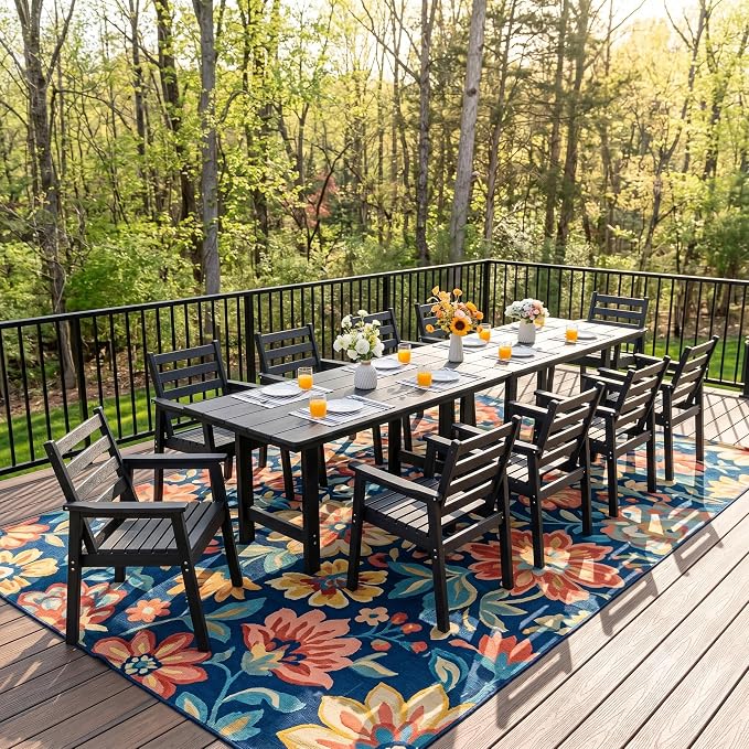 12-Piece Outdoor Dining Set, All-Weather HDPE Patio Furniture, Two 66.5" Slatted Table with 1.6" Umbrella Hole & 10 Ergonomic Armchairs, Heavy Duty 350lbs Capacity, UV Resistant, Black