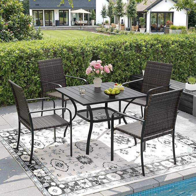 DIFY 5 Piece Outdoor Dining Set for 4, 37.8" Black Square Metal Dining Table with Umbrella Hole and Stackable Wicker Patio Chairs, All-Weather Patio Table and Chairs Set for Deck Garden Backyard