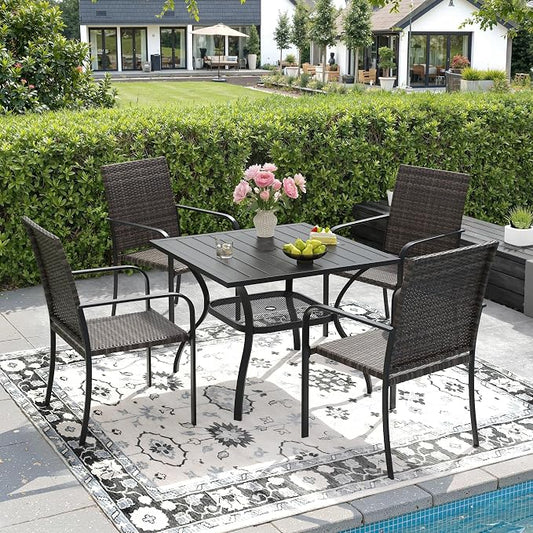 DIFY 5 Piece Outdoor Dining Set for 4, 37.8" Black Square Metal Dining Table with Umbrella Hole and Stackable Wicker Patio Chairs, All-Weather Patio Table and Chairs Set for Deck Garden Backyard