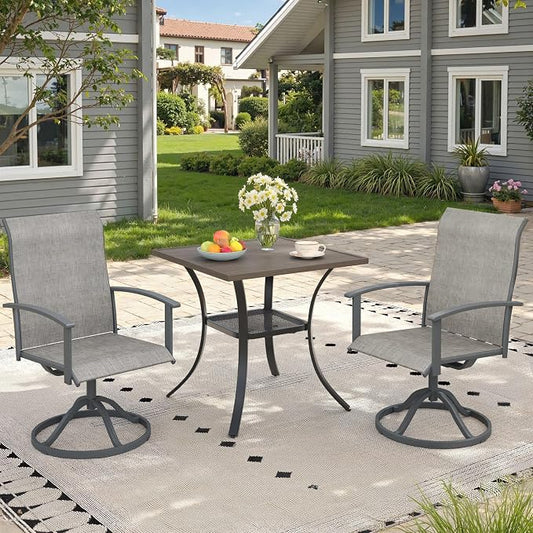 3 Pieces Small Patio Dining Set, Outdoor Furniture of 27.5" Square Small Patio Table and Patio Swivel Chairs for Backyard Lawn Garden, Grey Table and Grey Chairs