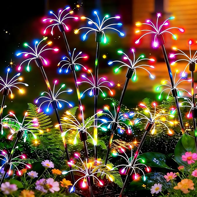 VOOKRY Solar Garden Lights Outdoor, 4 Pack Multicolor Fairy Firework Lights | Waterproof Starburst Fairy Light, Garden Decor for Yard Patio Pathway Lawn, Unique Gifts for Women Mom, Christmas Decorations