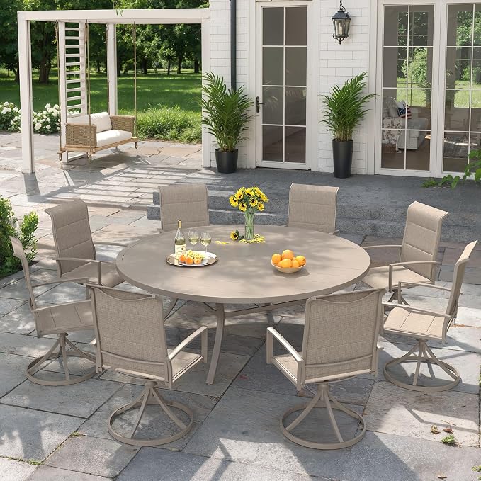 VICLLAX 9 Pieces Outdoor Dining Set, Patio Furniture Set Includes 60" Round Metal Table W/ 1.9" Umbrella Hole and 8 Padded Textilene Swivel Chairs for Porch, Lawn, Garden, Backyard