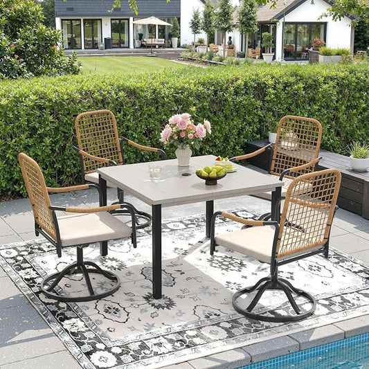 DIFY 5 Pieces Outdoor Dining Set, Metal Patio Table and Chairs Set for 4, 40.2" Square Dining Table with Umbrella Hole & Wicker Swivel Patio Chairs with Cushions, Grey Wood-Like Tabletop